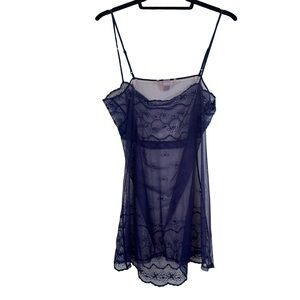 Vintage Victoria’s Secret Navy Sheer Mesh Embroidered Slip Dress Chemise Sz L